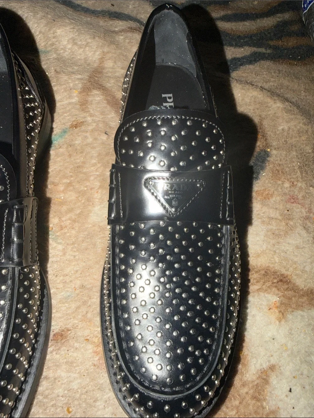 Prada Black Studded Leather Slip-On Loafers